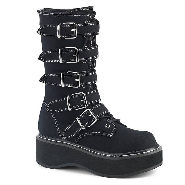Demonia Women's Emily-341 Platform Mid Calf Boots - Black Canvas D8062-97US Clearance